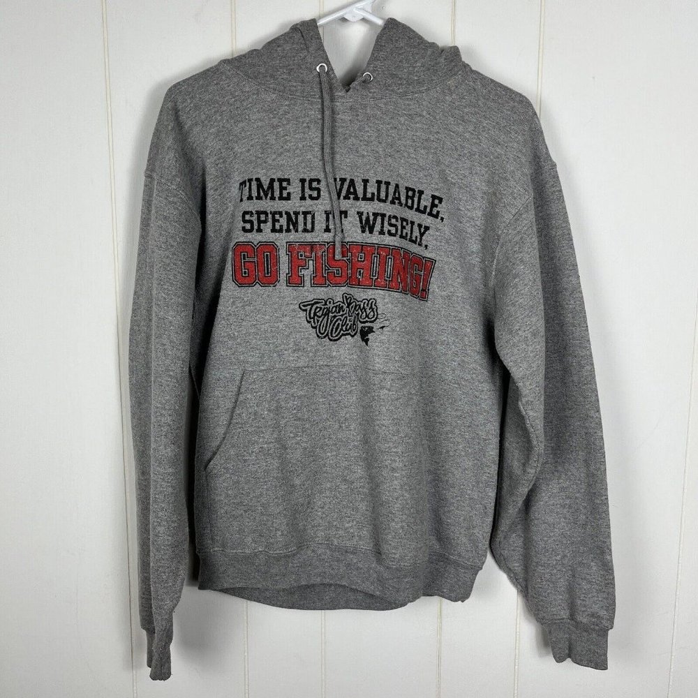 Jerzees Adult Unisex Hoodie Small Gray Trojan Bass Club Time Valuable Go Fishing